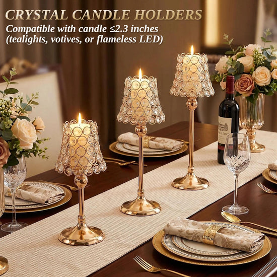 Gold Crystal Metal Candle Holders Set of 3 Tealight for Table Centerpieces