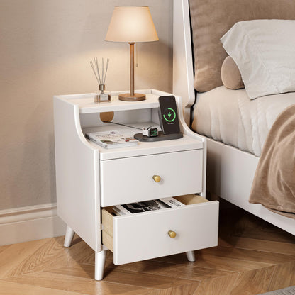 IUNVR Narrow Nightstand with 2 Drawers, Solid Wood Bedside Table