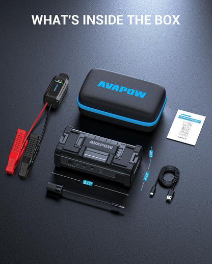 AVAPOW jump starter — 6000A portable with USB3.0 power bank and SOS light.