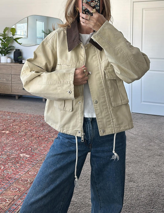 Megfie cropped coat — Contrast collar utility design with pockets and cargo styling
