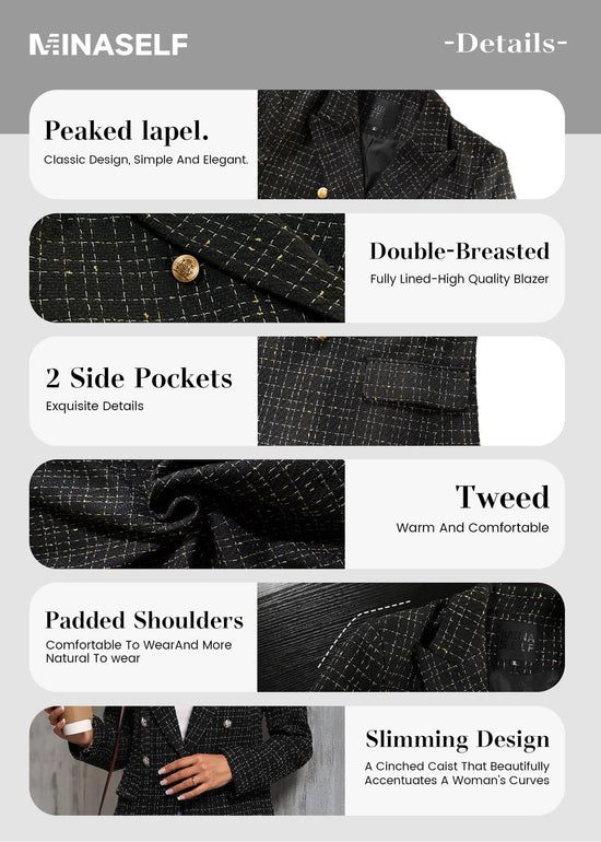 Mina Self women's tweed plaid blazer - fully lined with pockets