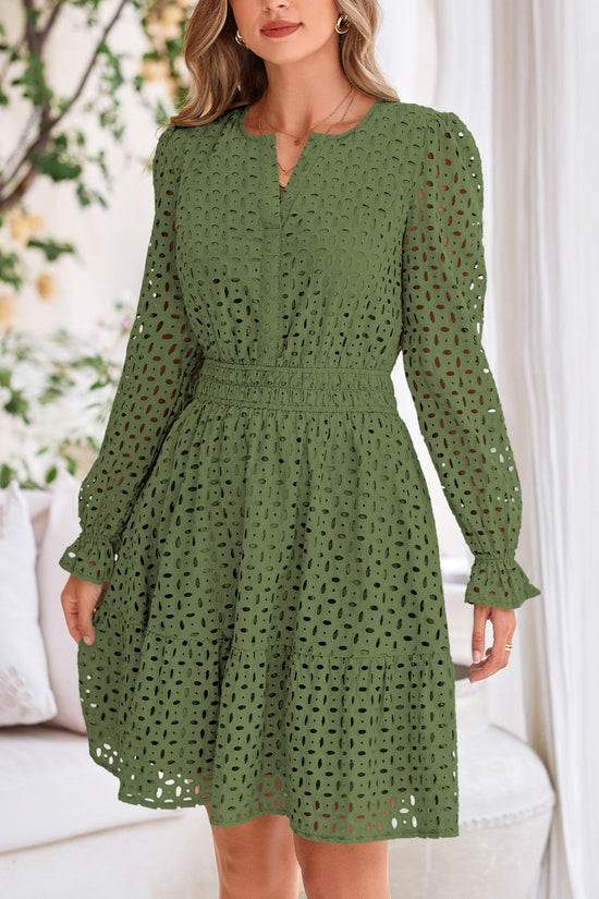 Dress — Long sleeve eyelet v neck A line holiday wedding guest dress