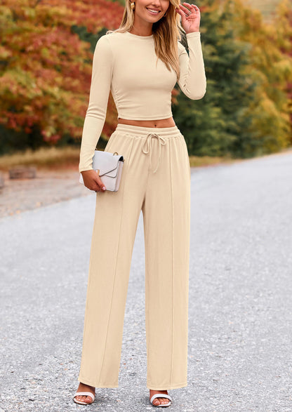 Coordinated outfit — PrettyGarden women's long sleeve crop top and wide leg pants set