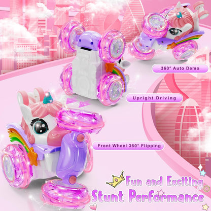 Kikikid Unicorn remote control car — 360° rotating 4WD stunt vehicle with lights and rechargeable battery.