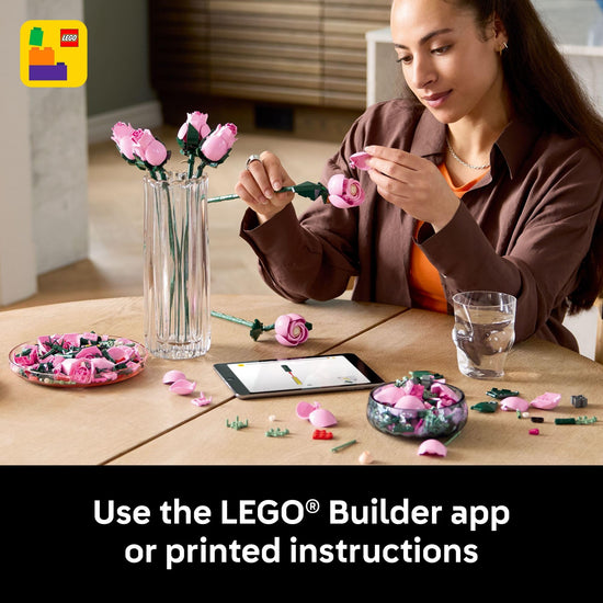 LEGO building blocks — bouquet of pink roses for home or office decor
