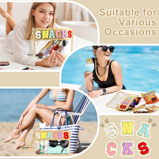 Snack bag - Clear chenille varsity letter pouch with zipper, waterproof nylon tote for women girls