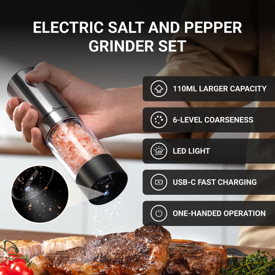 Seasoning mill — Rechargeable electric grinder set with adjustable coarseness 2 packs black