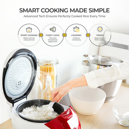 Cuckoo Micom rice cooker with fuzzy logic and food steamer, 6 cups uncooked 12 cups cooked red CR-0655F