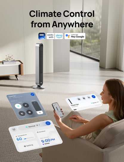 Dreo tower fan - 42 inch smart fan with Alexa and Google support, 12 speeds and quiet operation. 25dB noise level. 120° oscillation. 12 hour timer. 2023 model.