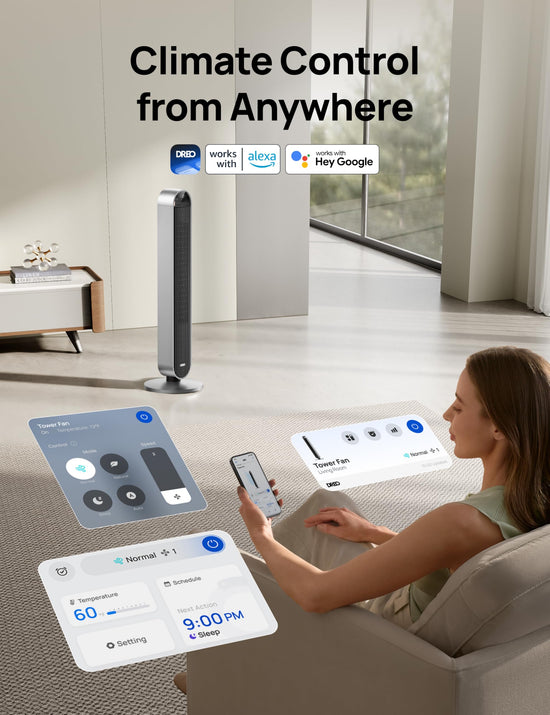 Dreo tower fan - 42 inch smart fan with Alexa and Google support, 12 speeds and quiet operation. 25dB noise level. 120° oscillation. 12 hour timer. 2023 model.