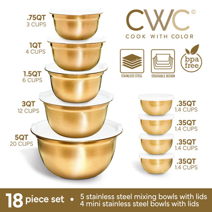 COOK WITH COLOR mixing bowls with stainless steel, airtight lids for kitchen use