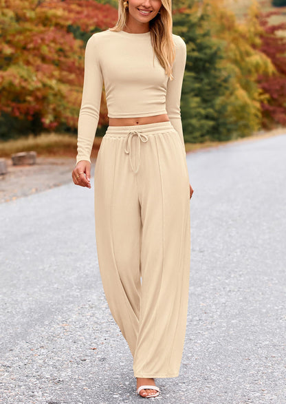 Coordinated outfit — PrettyGarden women's long sleeve crop top and wide leg pants set
