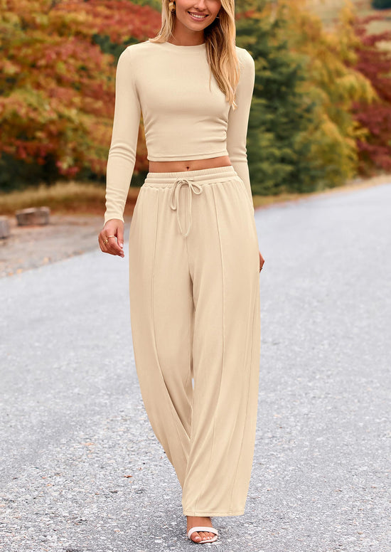 Coordinated outfit — PrettyGarden women's long sleeve crop top and wide leg pants set