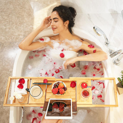 Bathtub tray — Expandable wooden design with wine and book holder