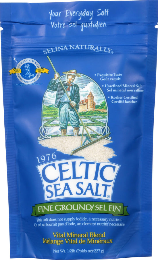 Fine ground Celtic sea salt — fine ground texture and flavor enhancement.