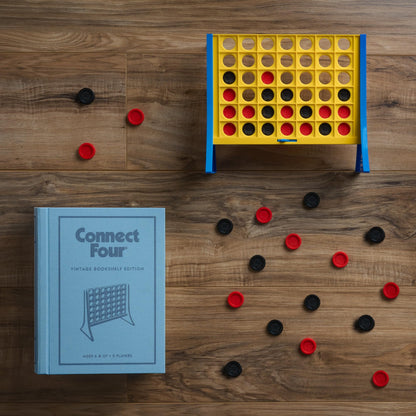 Connect Four vintage bookshelf edition — fabric-wrapped book box display