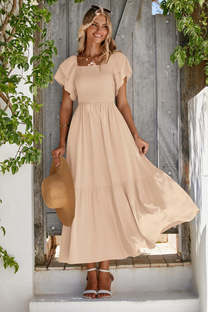 Dress — Square neck smocked high waist A line midi dress by Mascomoda