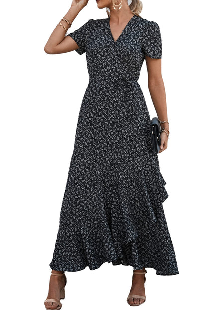 Dress — Boho floral maxi with short sleeves and wrap v neck design