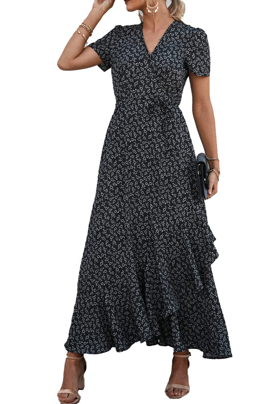 Dress — Boho floral maxi with short sleeves and wrap v neck design