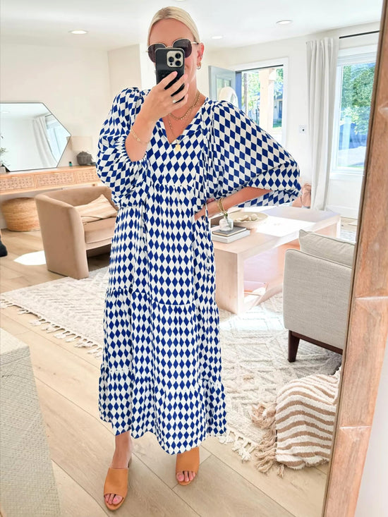 miduo dress with bohemian geometric pattern and v neck design