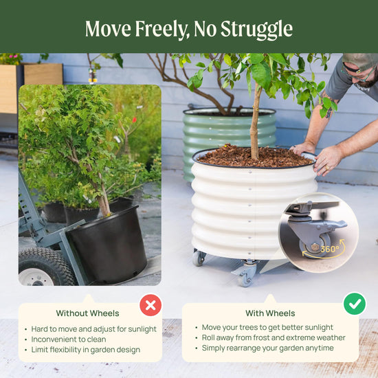 Rolling Metal Planter Pot with Wheels — 30 Gallon, 24" Round | Olive Green