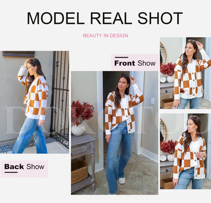 Dokotoo sweater — Plaid v neck oversized cardigan with buttons and long sleeves