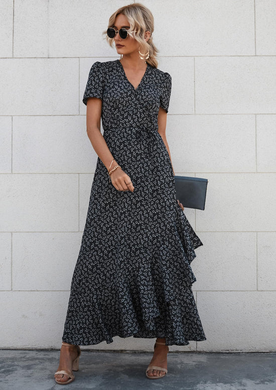 Dress — Boho floral maxi with short sleeves and wrap v neck design