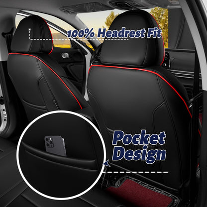 HKZ Elantra seat covers — custom fit leather full set in black and red for Hyundai Elantra 2021-2026 SE/SEL/SEL Sport & Hybrid with rear bench and fixed headrests.