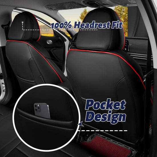 HKZ Elantra seat covers — custom fit leather full set in black and red for Hyundai Elantra 2021-2026 SE/SEL/SEL Sport & Hybrid with rear bench and fixed headrests.