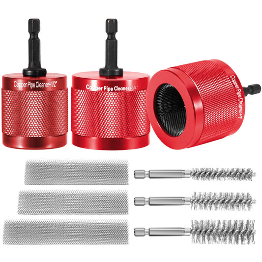 DDayuanwei 1/2" & 3/4" & 1" Copper Pipe Cleaner for Drill, with 1/4 Hex Shank & 3 Stainless Steel Wire Brushe, for Cleaning Rust, Stains, Paint on Copper Pipes and Various Metal Pipes(Red)