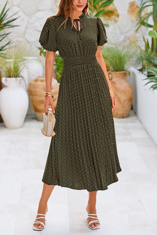PrettyGarden dress — Summer midi with puff short sleeves and V neck design