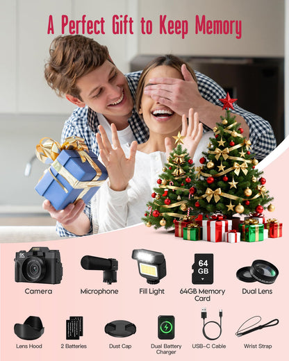 Yatao 6K WiFi Flip Screen Digital Camera, Mic & Fill Light for Photography
