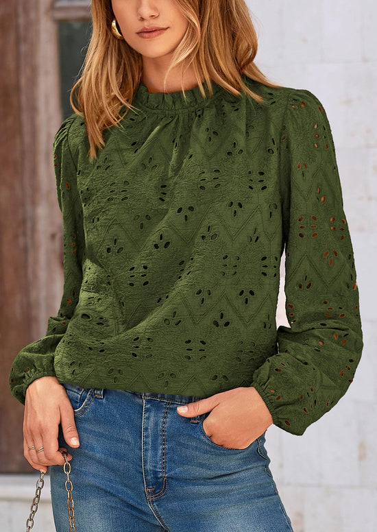 PRETTYGARDEN Tops for Women 2026 Spring Long Sleeve Blouses Dressy Casual Embroidered Eyelet Shirts Fall Going Out Outfits