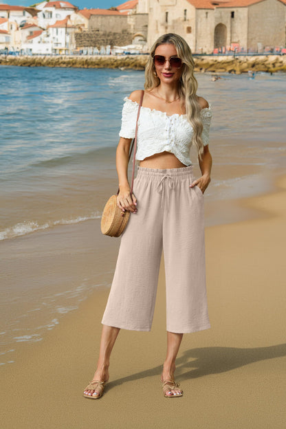 FREEOAK capri pants – high waisted wide leg with adjustable drawstring and pockets
