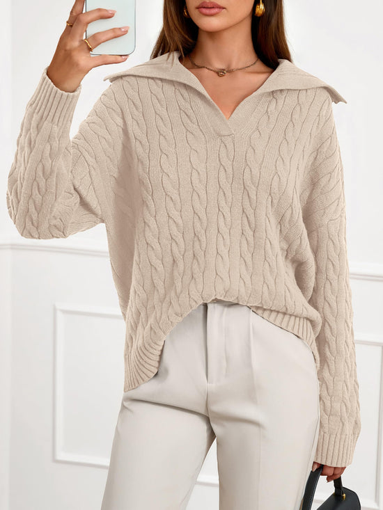 Sweater — Spring cable knit oversized polo v neck long sleeve pullover by PRETTYGARDEN