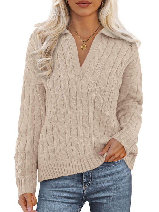 Sweater — Spring cable knit oversized polo v neck long sleeve pullover by PRETTYGARDEN