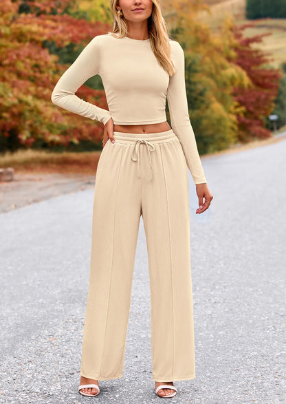 Coordinated outfit — PrettyGarden women's long sleeve crop top and wide leg pants set