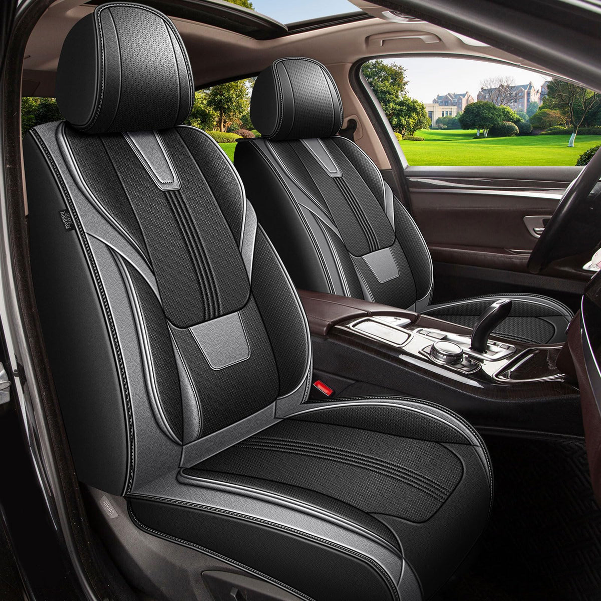 AOMSAZTO Seat Covers Full Set for Nissan Frontier S SV PRO-X PRO-4X SL 2009-2025 2026: Faux Leather Car Seat Cover Soft Comfortable Durable Breathable Waterproof(5 Seats, Black&Grey)