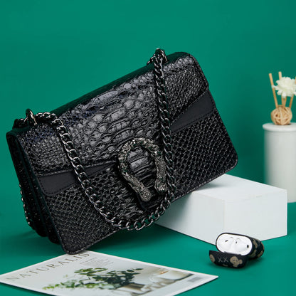 Aiqudou handbag — snake print design with chain detail and luxury PU leather