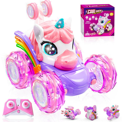 Kikikid Unicorn remote control car — 360° rotating 4WD stunt vehicle with lights and rechargeable battery.