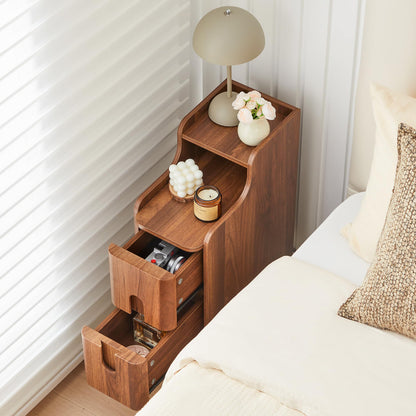Narrow End Table Living Room, Wooden Small 2 Drawer Nightstand Bedroom, Thin Couch Side End Table, Vintage Skinny Bedside Table Small Spaces, Mid Century Modern Night Stand with Drawers (Walnut-1 pc)