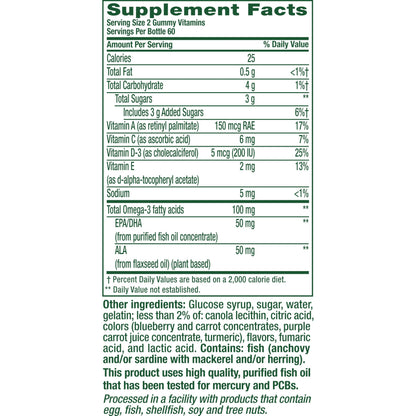 Vitafusion Omega-3 gummy vitamins - Berry lemonade flavor with EPA/DHA and vitamins A, C, D, E, 120 count.