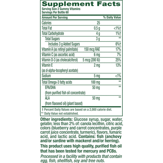 Vitafusion Omega-3 gummy vitamins - Berry lemonade flavor with EPA/DHA and vitamins A, C, D, E, 120 count.