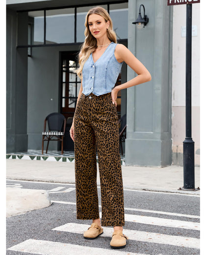 PANTS — Trendy high waisted cheetah print wide leg jeans by LookbookStore