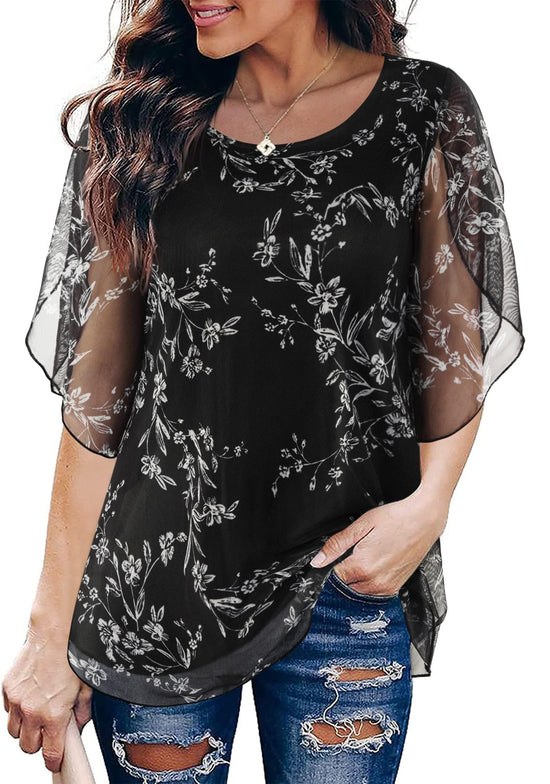SeSe Code tunic — Ruffle 3/4 sleeve mesh design with loose flowy fit and stretchy fabric