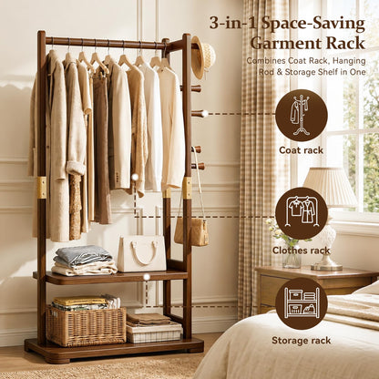 Taitiy coat rack - Solid wood with shelves and hooks for clothes and accessories