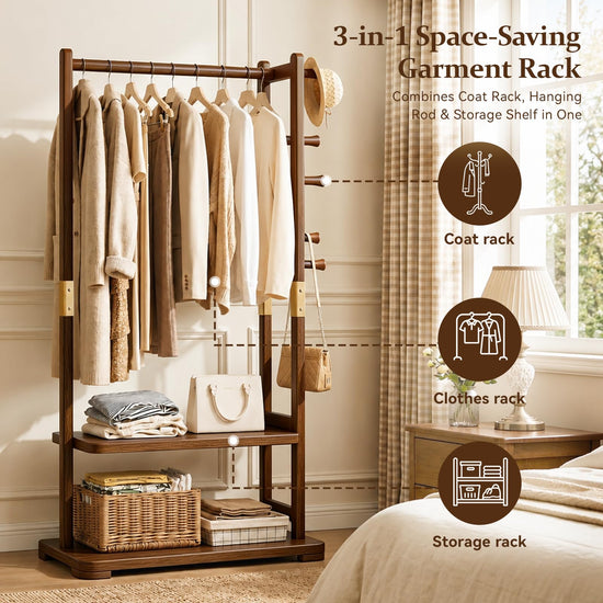 Taitiy coat rack - Solid wood with shelves and hooks for clothes and accessories