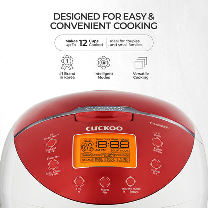 Cuckoo Micom rice cooker with fuzzy logic and food steamer, 6 cups uncooked 12 cups cooked red CR-0655F