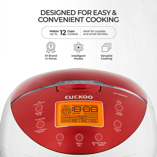 Cuckoo Micom rice cooker with fuzzy logic and food steamer, 6 cups uncooked 12 cups cooked red CR-0655F