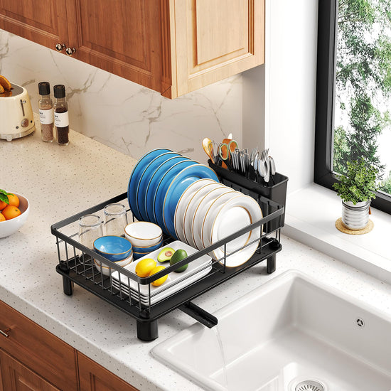 SNTD drying rack — small stainless steel dish drainer with utensil holder and drainboard